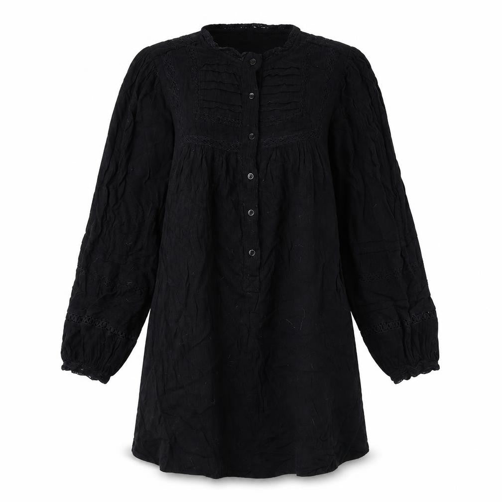 Front view of AND/OR women’s black viscose shift, size UK 6, round neck button - lace detail