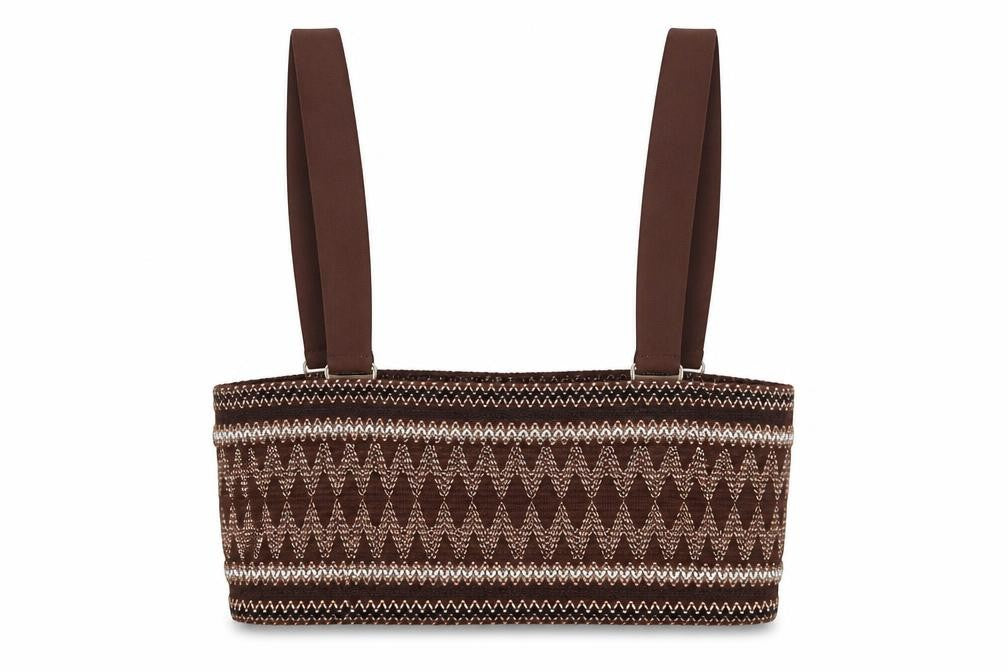Front view of River Island women’s brown geometric polyester cropped tank, size UK 10, square neck