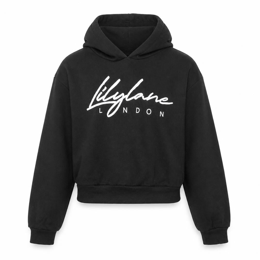 Front view of Lily Lane girls’ black cotton pullover hoodie, size 13, years pullover - cropped