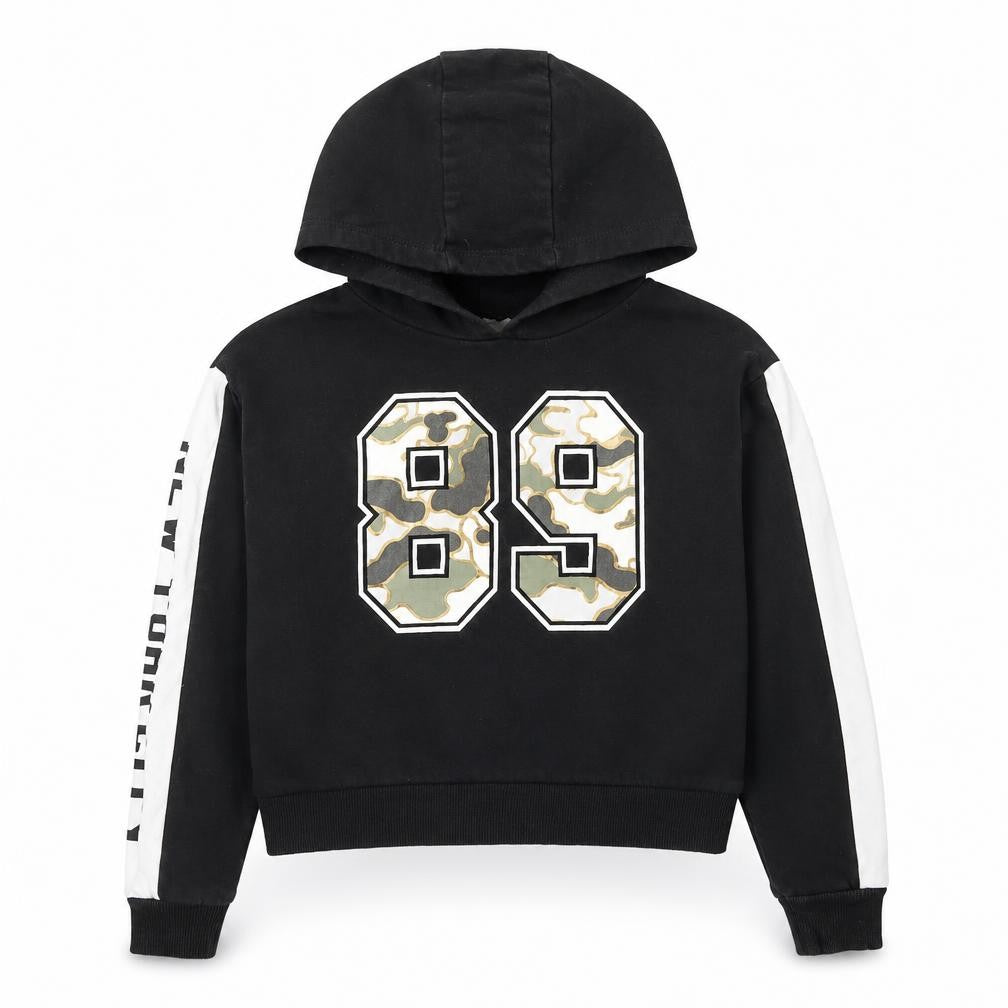 Front view of Primark boys’ black cotton pullover hoodie, size 10-11, years pullover - 89
