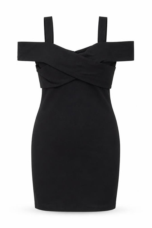 Front view of By The Way women’s black polyester bodycon, size XS, v-neck pullover - cold shoulder detail