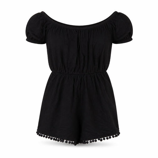 Front view of ASOS women’s black polyester playsuit one-piece, size UK 8, pullover - pom pom trim