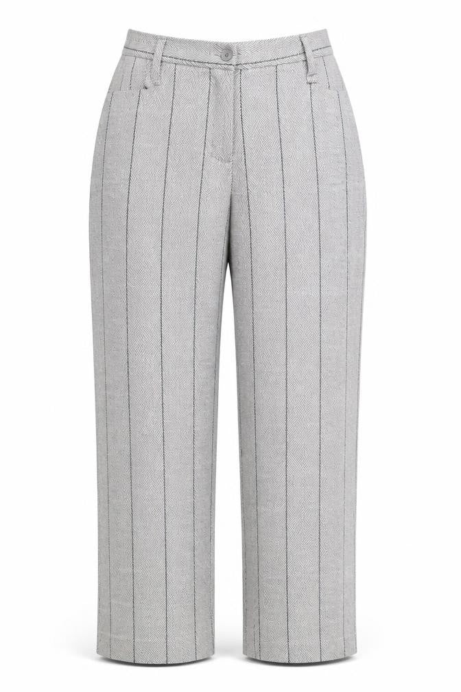Front view of Cotton Traders women’s grey plaid polyester trousers, size UK 14, 31-inch leg regular zip