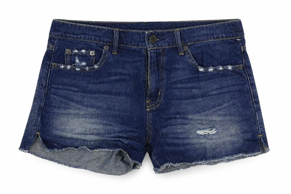 Front view of Gap women’s blue cotton hot pants shorts, size UK 27, in regular zip - distressed