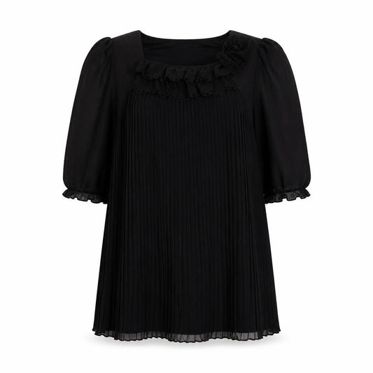 Front view of Utam Boutique women’s black polyester basic blouse, size UK 10, square neck