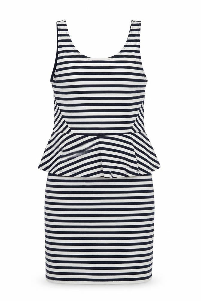Front view of H&M women’s white striped viscose bodycon, size UK 12, round neck zip