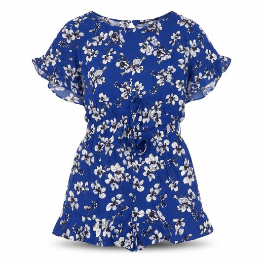 Front view of French Connection women’s blue floral viscose playsuit one-piece, size UK 6, 3-inch leg button