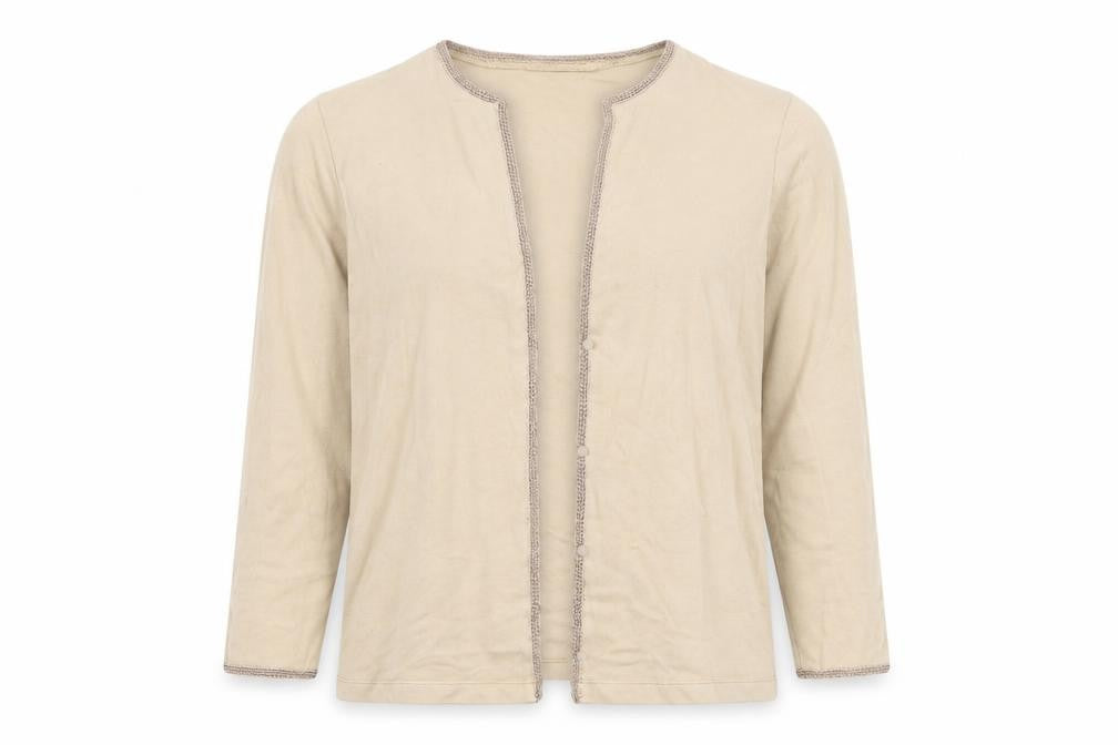 Front view of Next women’s beige round neck polyester cardigan jumper, size UK 12