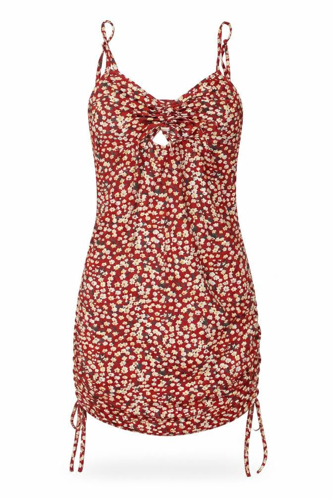 Front view of SHEIN women’s red floral polyester pencil dress, size S, v-neck pullover - ruched