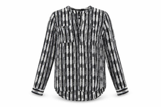 Front view of Next women’s black geometric polyester basic button-up, size UK 6, round neck