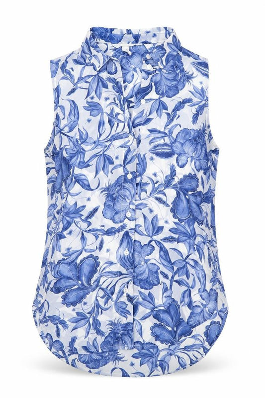 Front view of H&M women’s blue floral polyester basic button-up, size UK 4, collared