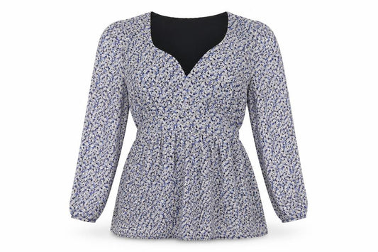 Front view of H&M women’s blue floral polyester basic blouse, size S, v-neck