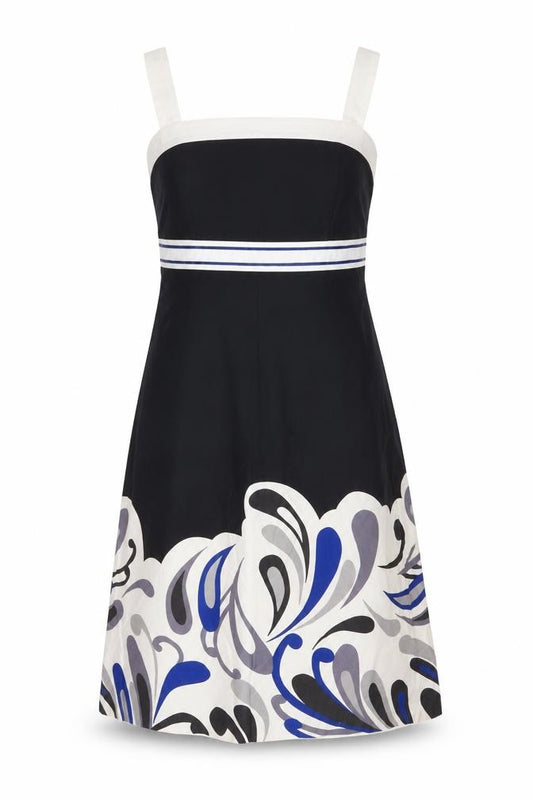 Front view of Principles women’s black geometric cotton a-line, size UK 12, square neck zip