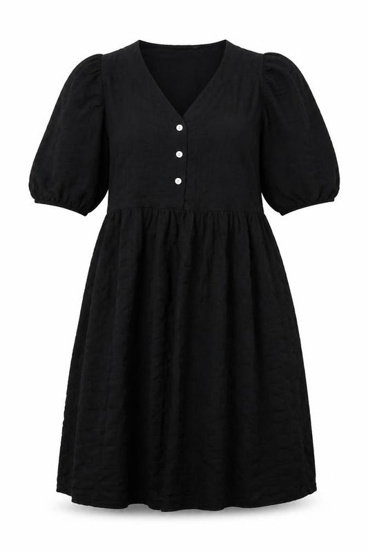 Front view of Matalan women’s black polyester a-line, size UK 10, v-neck button