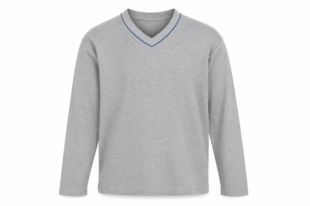 Front view of Avenue men’s grey v-neck cotton jumper, size M