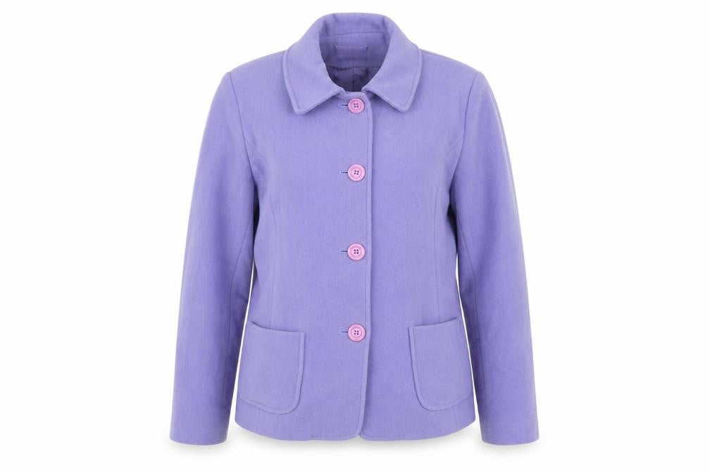 Front view of Charles Gray London women’s purple jacket, size UK 12, button