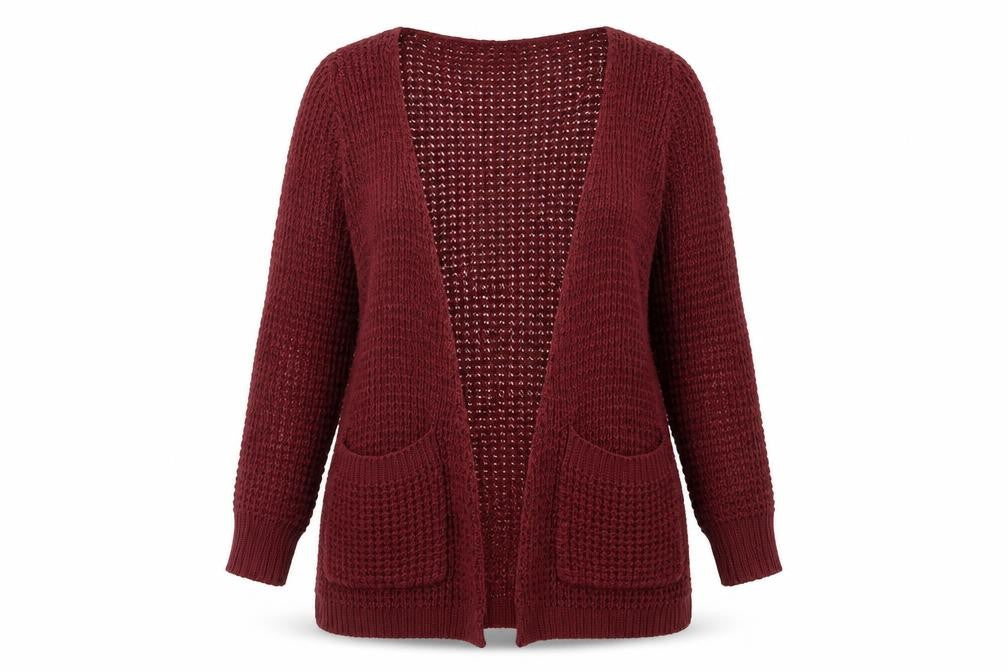 Front view of MANDI women’s red v-neck polyester cardigan jumper, size UK 12