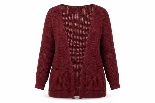 Front view of MANDI women’s red v-neck polyester cardigan jumper, size UK 12