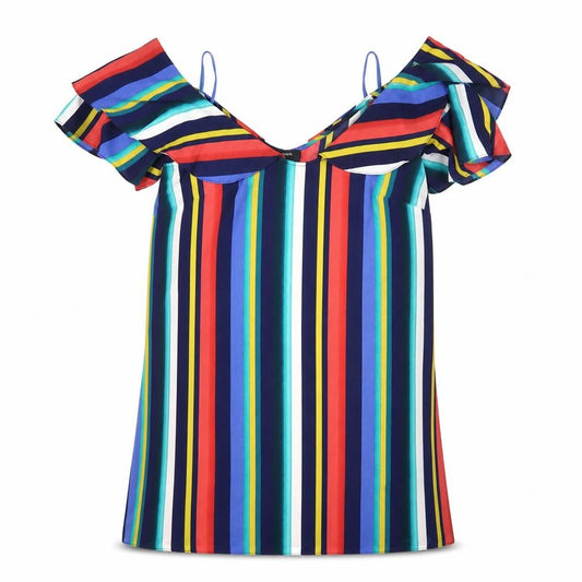Front view of Papaya women’s multicoloured striped polyester basic blouse, size UK 12, off the shoulder