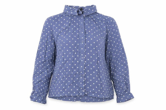 Front view of Divided by H&M women’s blue polka dot viscose basic button-up, size UK 10, collared