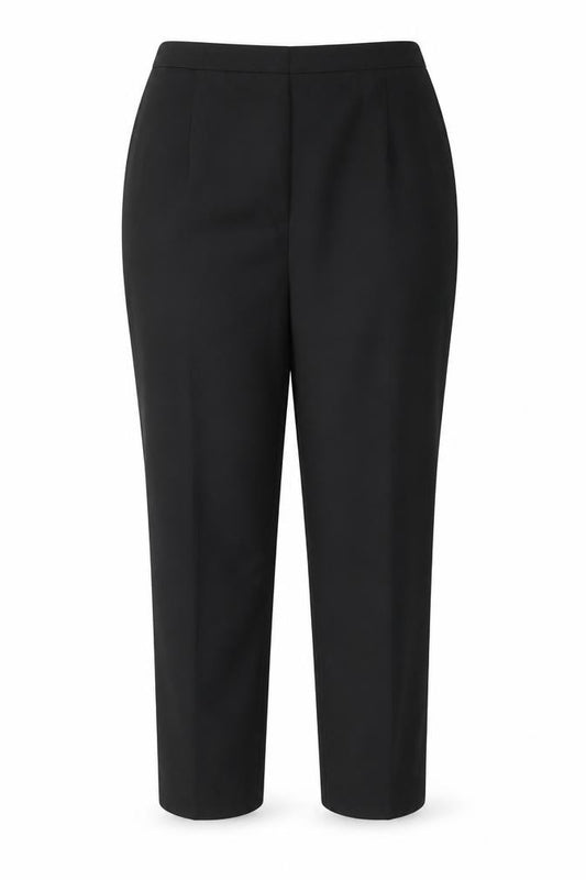 Front view of Preworn women’s black polyester trousers, size UK 20, 36-inch leg regular