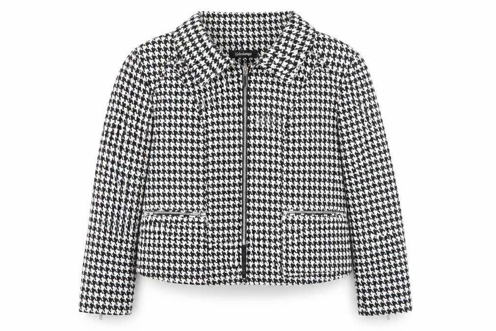 Front view of kaladescope women’s white geometric jacket, size UK 18, zip