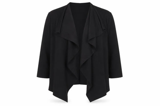 Front view of SHEIN SHIEN women’s black v-neck polyester cardigan jumper, size UK 14