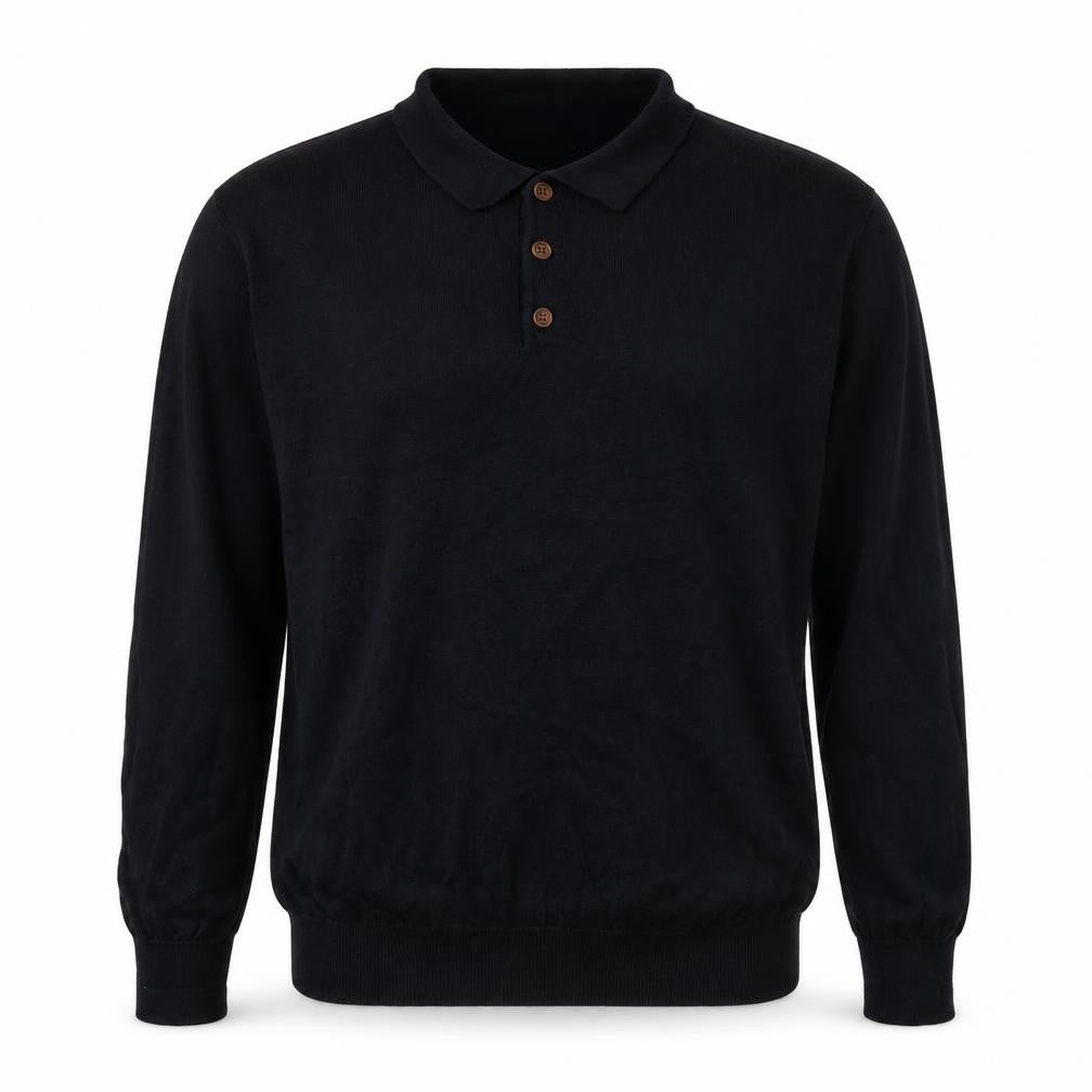 Front view of Cedarwood State men’s black collared cotton jumper, size XL