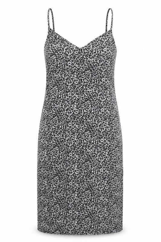 Front view of PRETTYLITTLETHING women’s black animal print polyester tank dress, sweetheart pullover - cheetah print