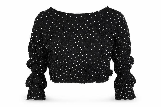 Front view of PRETTYLITTLETHING women’s black polka dot viscose cropped blouse, size UK 10, v-neck - ruched