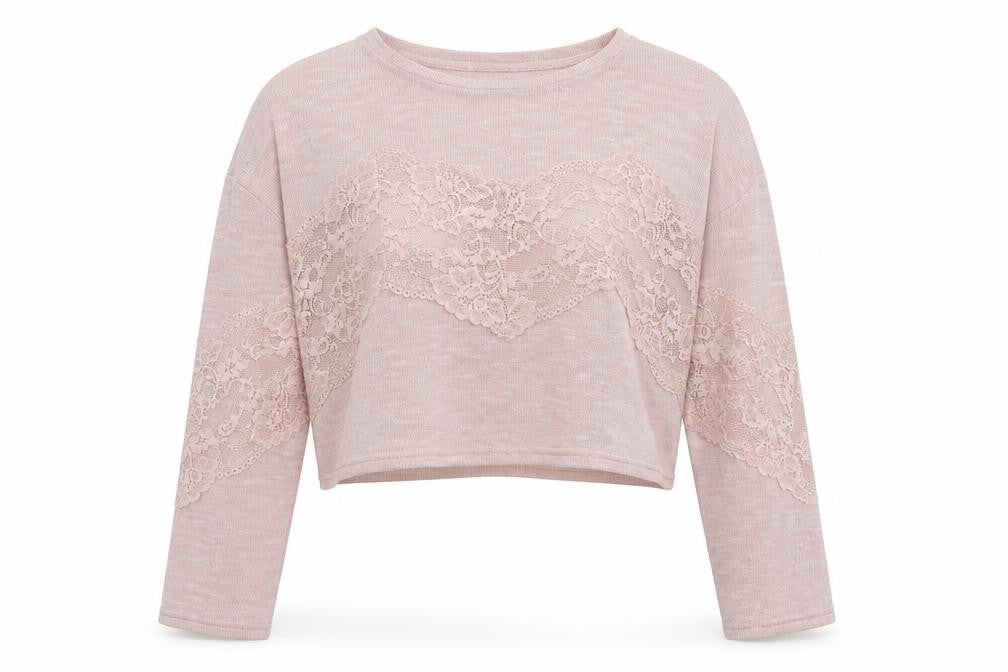 Front view of H&M women’s pink round neck polyester jumper, size S, - lace detail