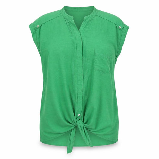 Front view of Leara Woman women’s green polyester basic button-up, size M, round neck - knot detail