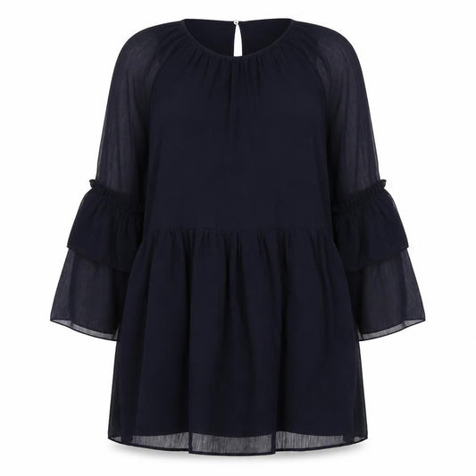Front view of H&M women’s blue polyester mini, size UK 10, round neck button