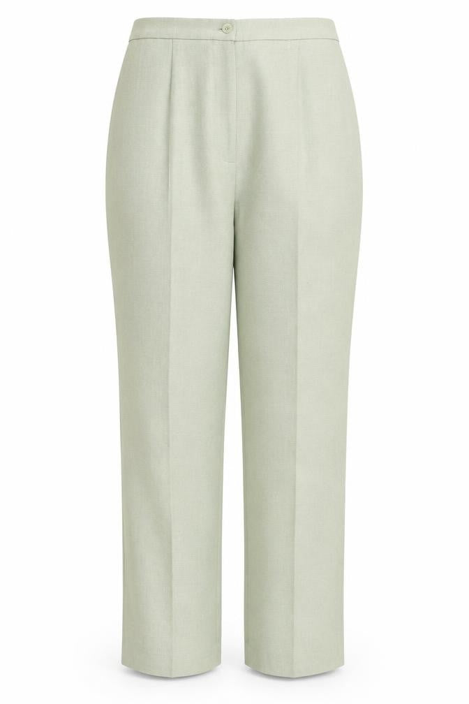 Front view of Classics women’s green polyester trousers, size UK 16, 29-inch leg regular zip