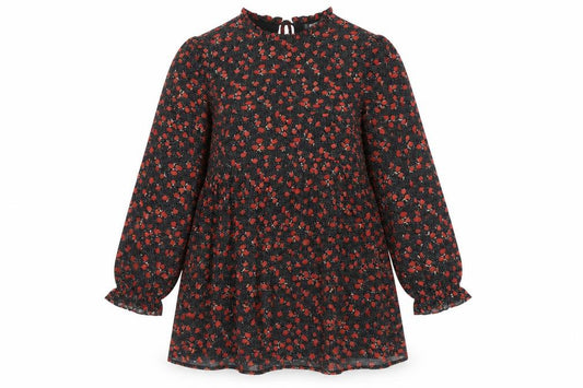 Front view of Missguided women’s red floral polyester a-line, size UK 12, crew neck tie