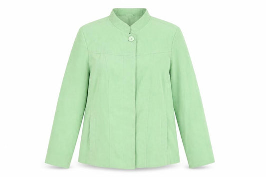 Front view of Klass women’s green jacket, size UK 14, button