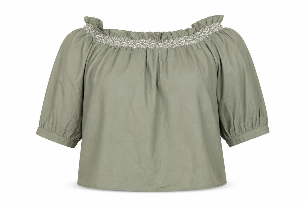 Front view of Marks & Spencer women’s green cotton basic blouse, size UK 10, off the shoulder
