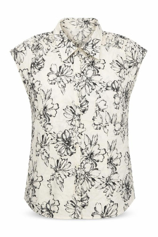 Front view of Marks & Spencer women’s ivory floral cotton basic button-up, size UK 14, collared