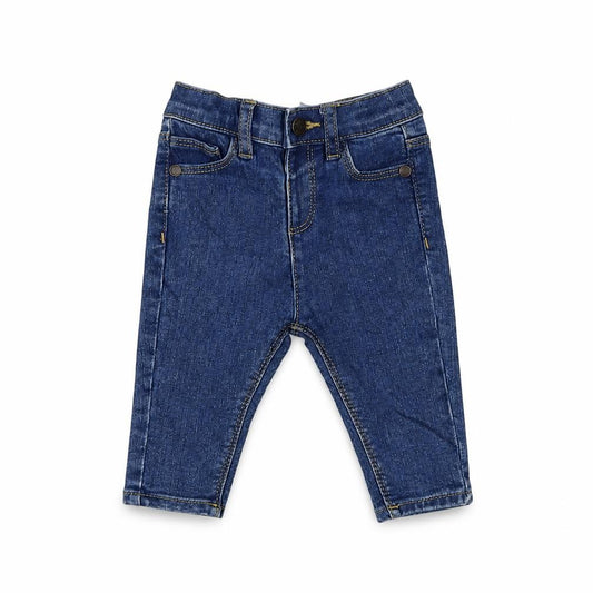Front view of Marks & Spencer girls’ blue cotton capri jeans, size 3-6, months button