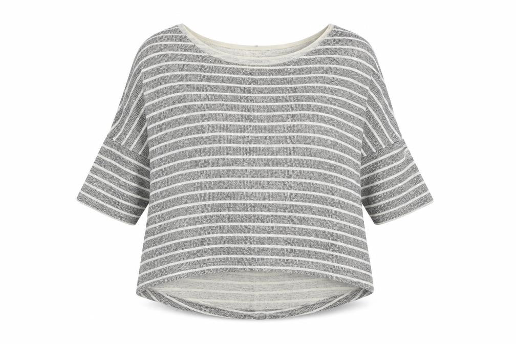 Front view of Select women’s grey boat neck striped viscose jumper, size UK 14
