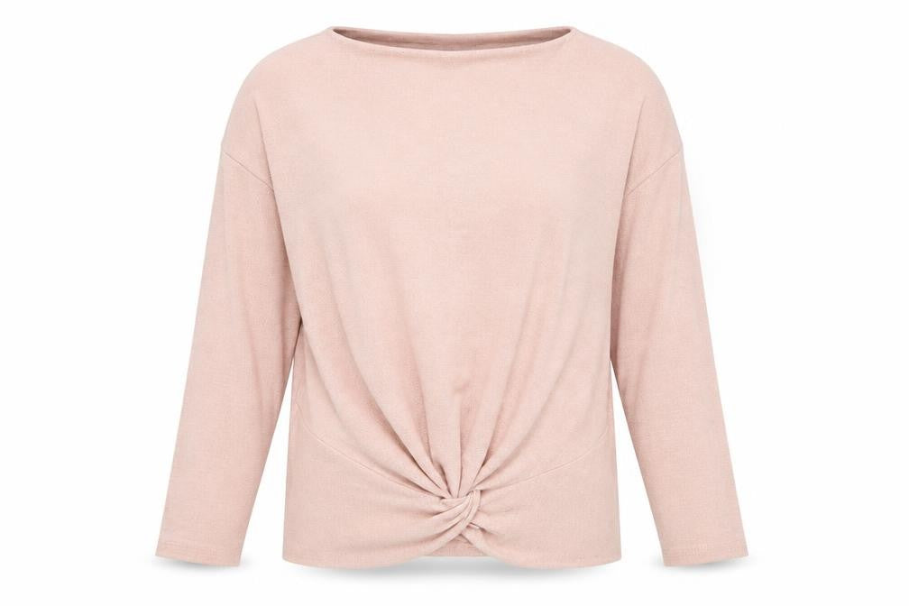 Front view of George women’s pink boat neck polyester jumper, size UK 8, - knot front