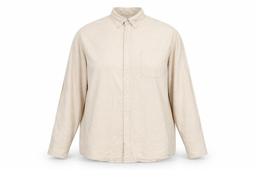 Front view of Greenwoods women’s beige cotton basic button-up, size XL, collared