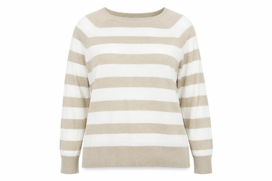 Front view of M&Co women’s beige round neck striped viscose jumper, size UK 16