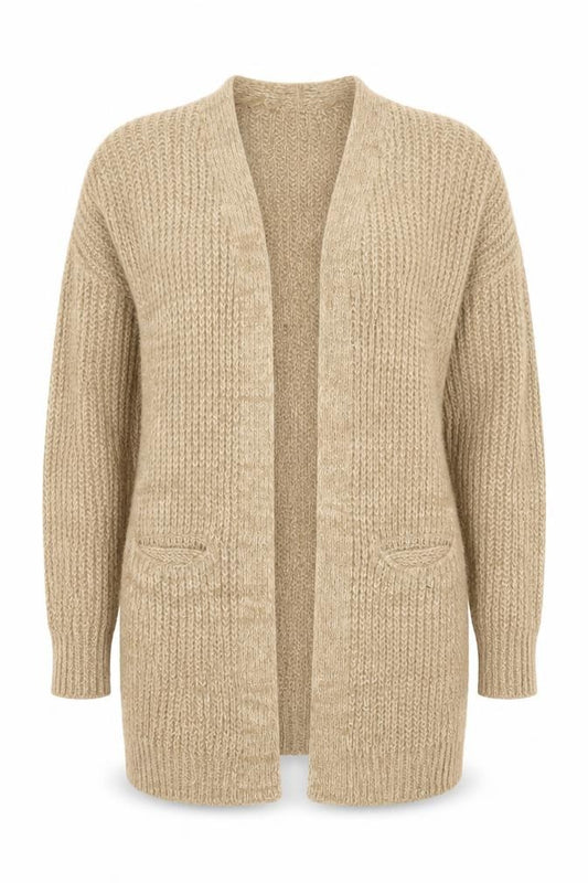 Front view of Boohoo women’s beige v-neck acrylic cardigan jumper, size S