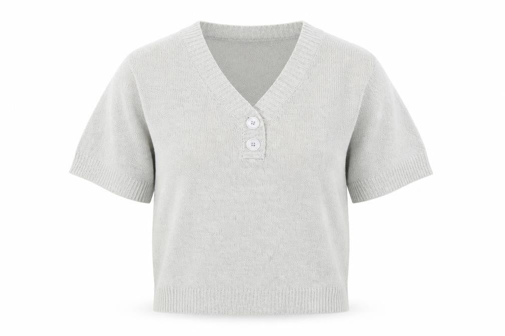 Front view of Damart women’s grey v-neck acrylic jumper, size UK 10