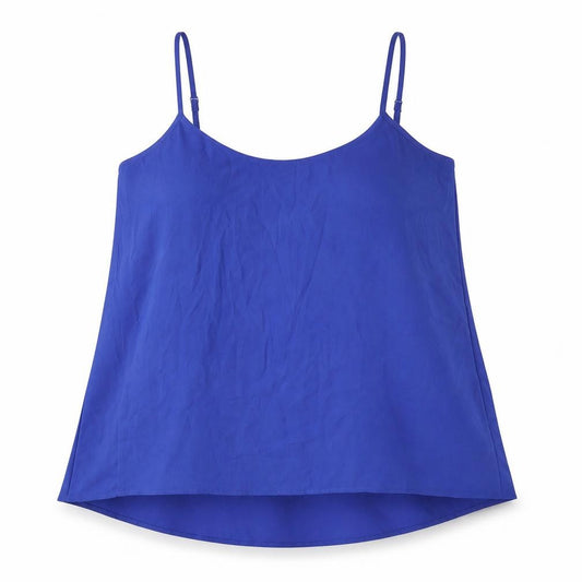 Front view of Oasis women’s blue polyester basic tank, size UK 10, round neck