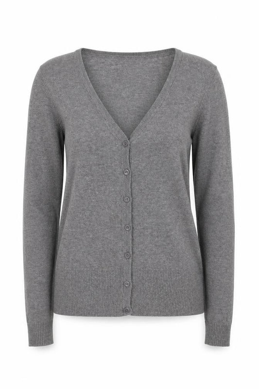 Front view of H&M women’s grey v-neck acrylic cardigan jumper, size S