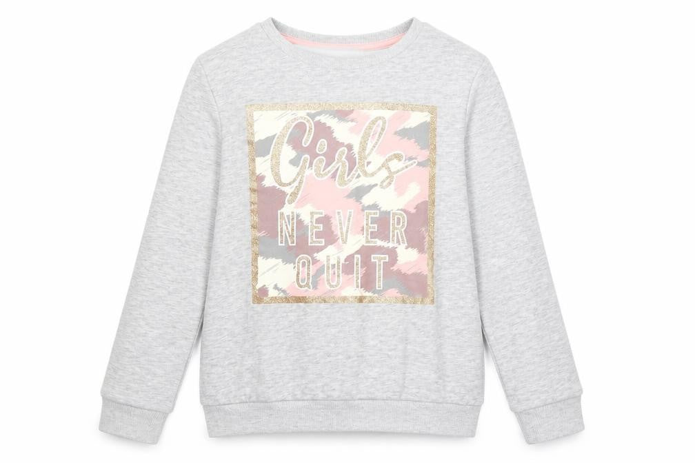 Front view of Pep&Co girls’ grey cotton pullover sweatshirt, size 8-9, years pullover - girls never quit