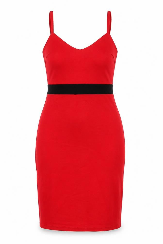 Front view of AX women’s red polyester tank dress, size UK 14, v-neck zip