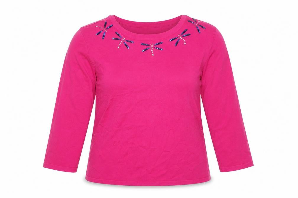 Front view of Mudflower women’s pink round neck viscose jumper, size L, - dragonflies